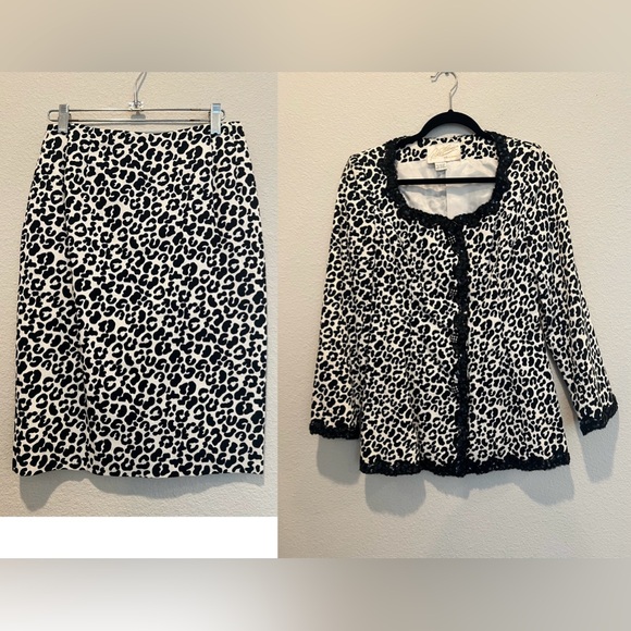 VTG 80s 2 Piece Suit Blazer Jacket Skirt Black White Leopard Print Sequin Trim 6 - Picture 1 of 13